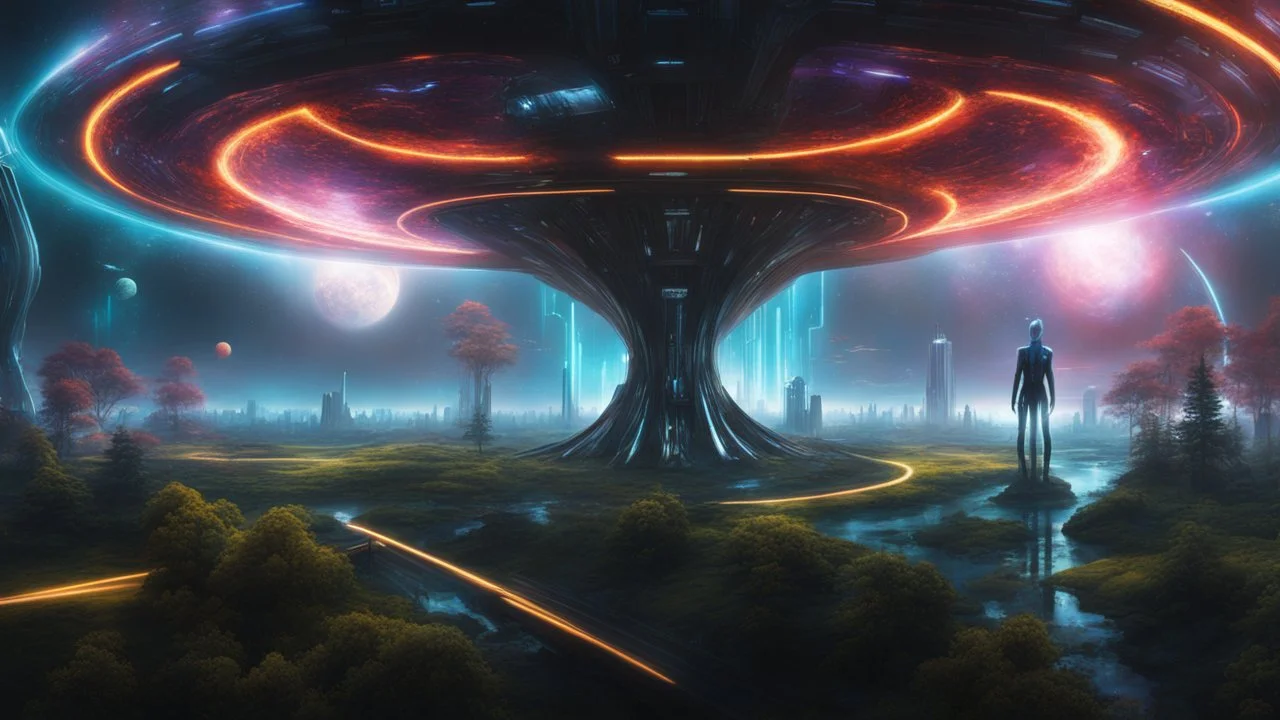 hyper realistic, tron legacy movie, aliens creatures, space ships of the future, city of the future, green nad dark red trees , forest, yellow, blue, purple, orange, space, planets, god creations