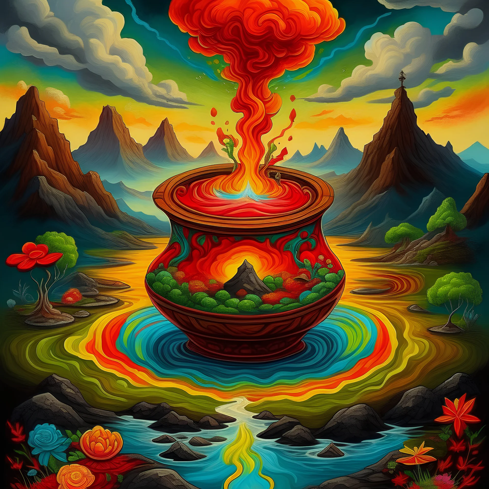 A magic potion boils in a three-legged cauldron On top of a volcano on an island. painted in traditional landscape Chinese style with a psychedelic twist.