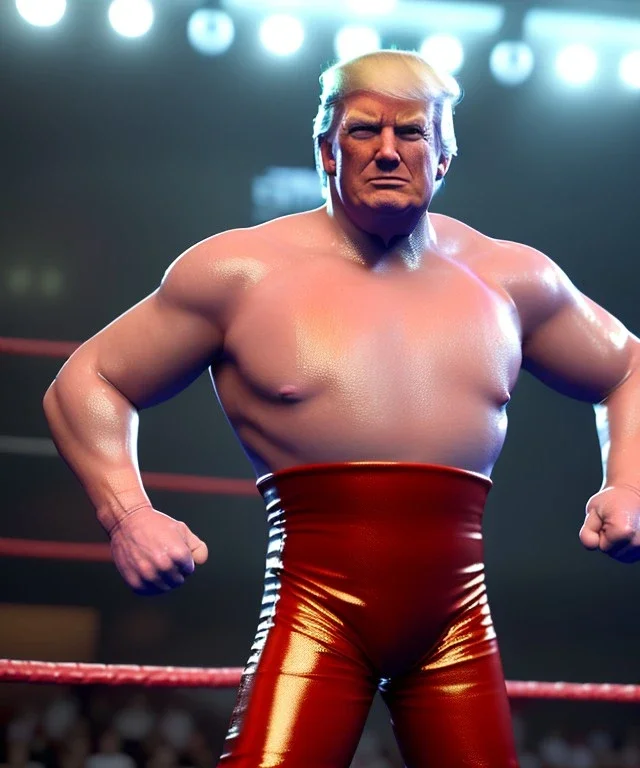 Donald trump wrestler, wrestling, lights cam, retro style, 80s, hot ambient, photo studio, red, vibrant color, gradient, highly detailed, art stations, concept art, smooth, unreal engine 5, god rays, ray tracing, RTX, lumen lighting, ultra detail, volumetric lighting, 3d, finely drawn, high definition, high resolution.