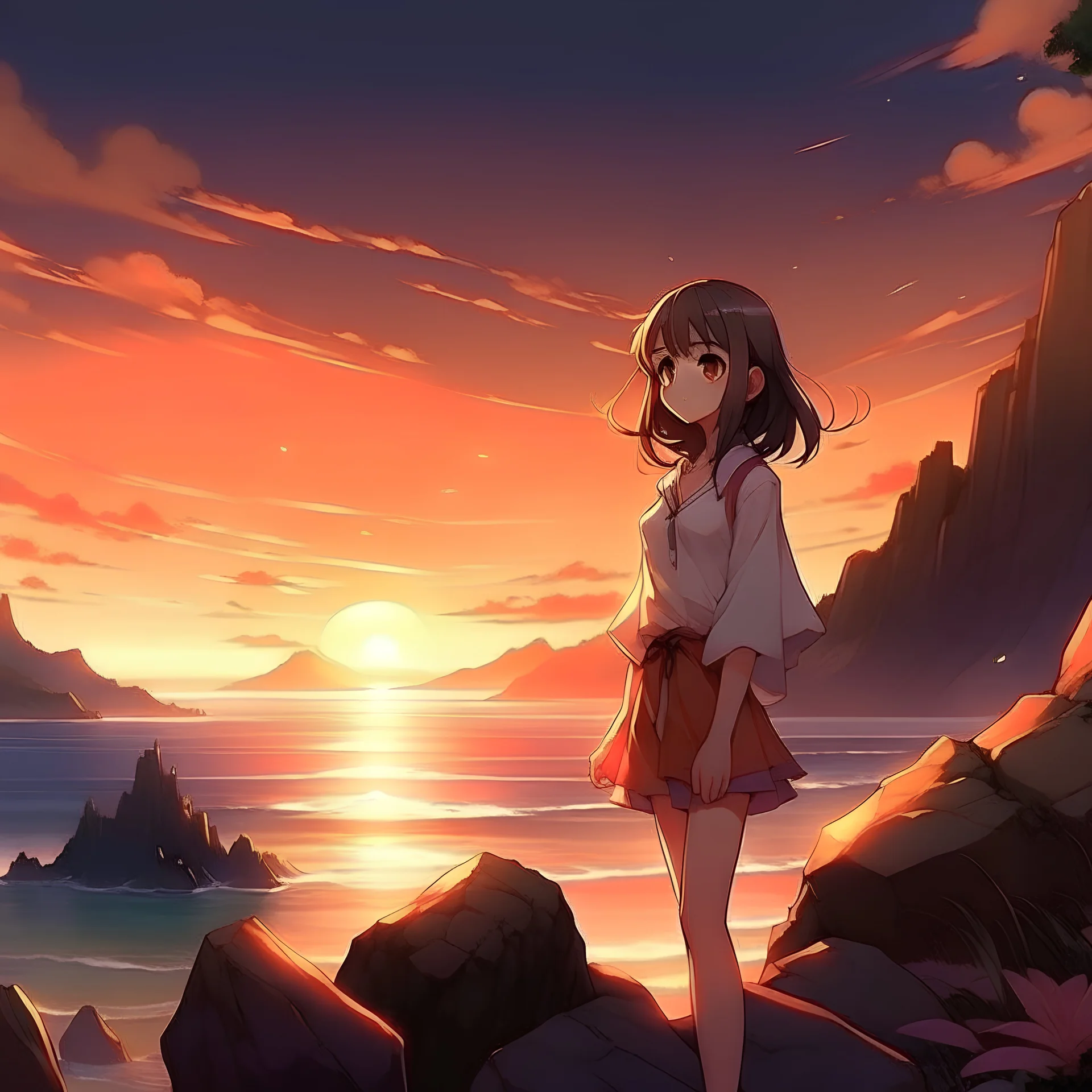 girl, anime style, sunset, beach, rocks, mountains