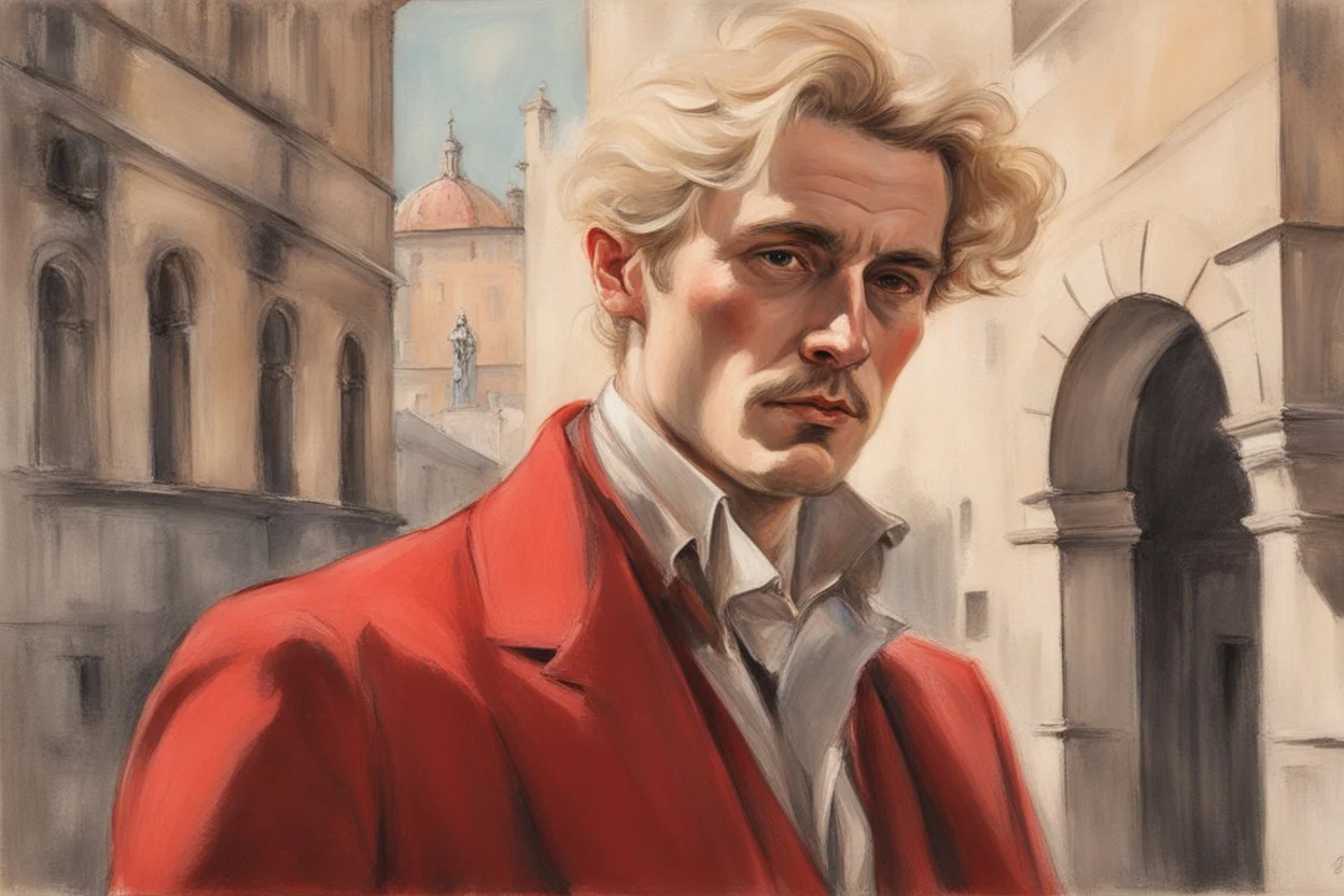 elegant blonde man in firenze in red costume in sunshine, shading pastel and charcoal