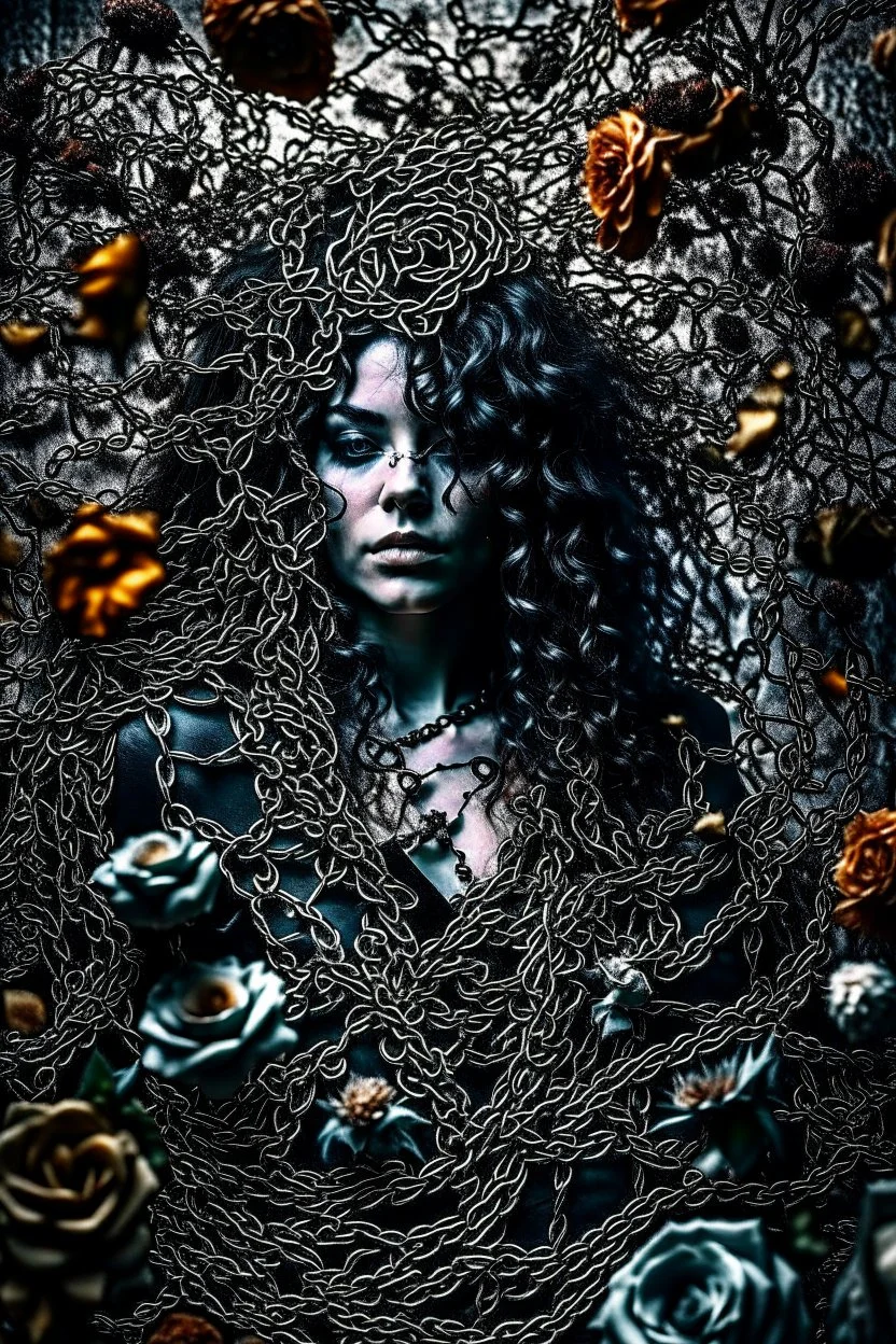 abstract creation of a beautiful girl with black curly hair, surrounded by black roses, thick metal chain broken, glass petals on the ground, autumn colours,dried out thorn bush, chaos,