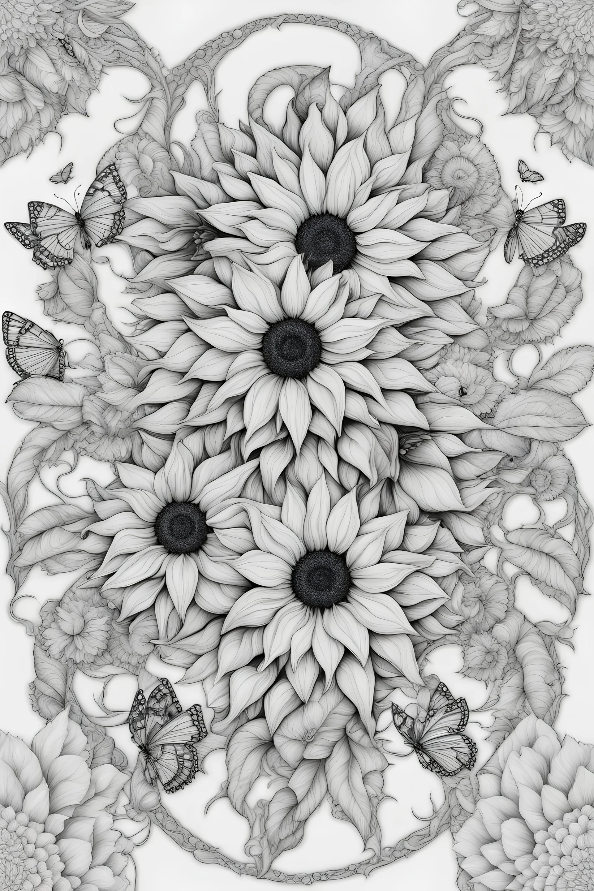 Mandala of sunflowers intertwined with butterflies, illustrated in black and white with defined lines for an adult coloring book, contour, vector, sleek line art, on a white backdrop