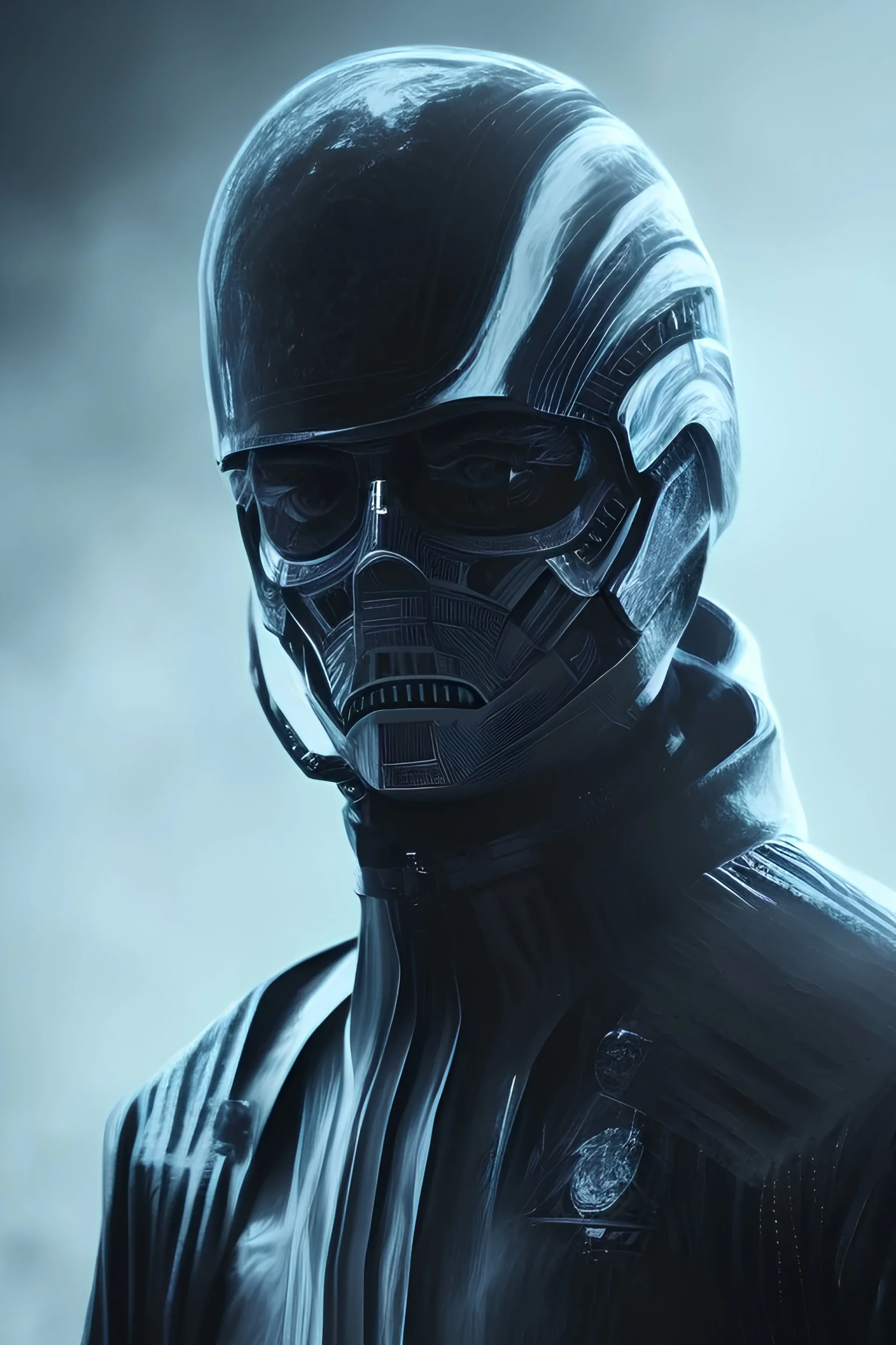 All Black Hayden Christensen soldier, ghost, wearing high tech mask, white smoke, dark, rage, sorrow, high definition, ultra 8 k, volumetric lighting, blue fire, fog