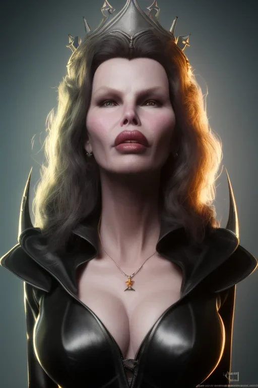 Kim Basinger as evil queen in black leather, busty, cleavage, curvy, angry, stern look. character design by cory loftis, fenghua zhong, ryohei hase, ismail inceoglu and ruan jia. unreal engine 5, artistic lighting, highly detailed, photorealistic, fantasy