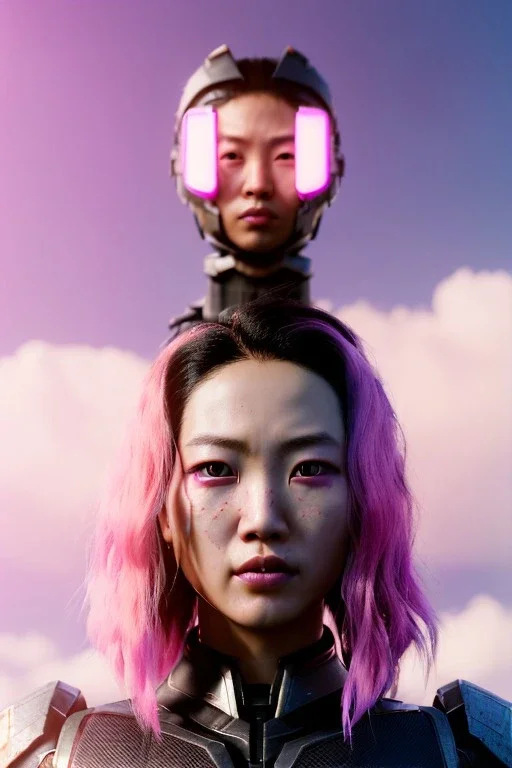 portrait, Asian cyborg woman, samurai warrior :: symmetry photography, cyberpunk style, pink hair, glow makeup:: black samurai army, katana, japanese traditional ornaments, pink, white, black, glow eyes, cinematic, Ultra realistic, dark scene, soft color, highly detailed, unreal engine 5, RTX, ultra detail, 3d, finely drawn, high definition.