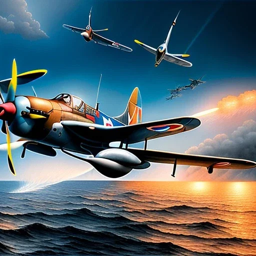 fullbody Drawing of 'Supermarine Spitfire (UK)- Aircraft of WWII',intricate detail,andrea bonelli,Kilian Eng,Ohrai,evan lee,Aleksandr Sidelnikov,KyuYong Eom,three quarters frontal aerial view,toned colors,16k