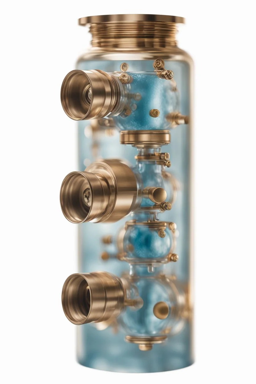 create a high quality poster from a brass water manifold for product reveal with professional photography techniques , semi ocean blue background, a dreamy blurred with bokeh background ,with excellent warm lighting, on a luxury scenes in a studio ,bulbs of clear water , on a pice of vevlet