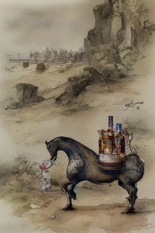 A rocking horse and bottled drinks by Jean-Baptiste Monge, watercolour and ink, extremely detailed, crisp quality, very attractive, fantastic view, award winning in sunshine