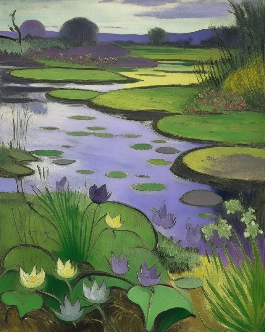 A grayish purple lilypond in a landscape painted by Paul Gauguin