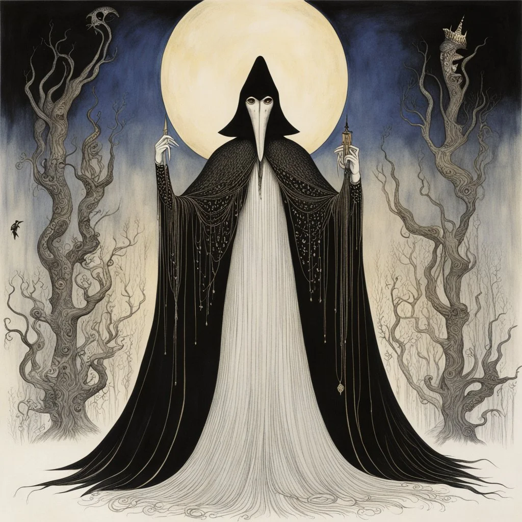 Divorced from reality plague doctor, John Bauer and Kay Nielsen and Stephen Gammell deliver a dark surreal masterpiece, artistic flourishes, violent primary colors, sinister, creepy, sharp focus, dark shines, asymmetric