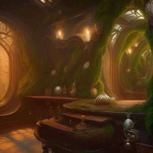 fantasy concept art, dynamic lighting, Intricately detailed, Splash screen art, deep color, Unreal Engine, volumetric lighting, fantasy library artwork, indoors, cozy, black leather, black marble, Fantasy library artwork, white candles, white silk, vines, moss, sigils,