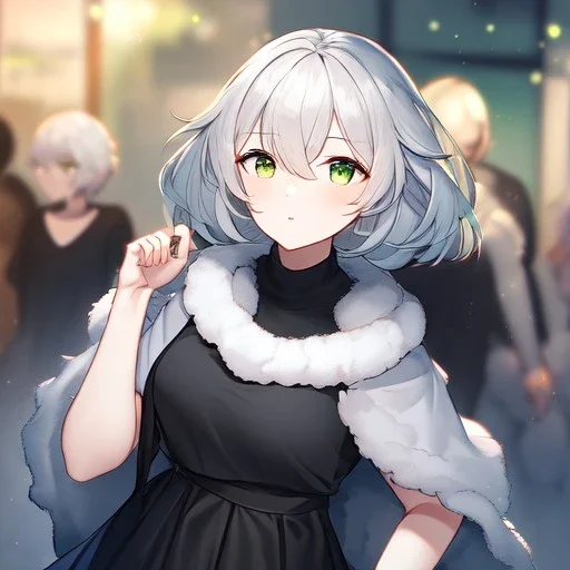 Clear focus, High resolution, light grey short hair, dark green eyes, wearing a black t-shirt and black skirt, fluffy hair, detailed outfit, really fluffy hair