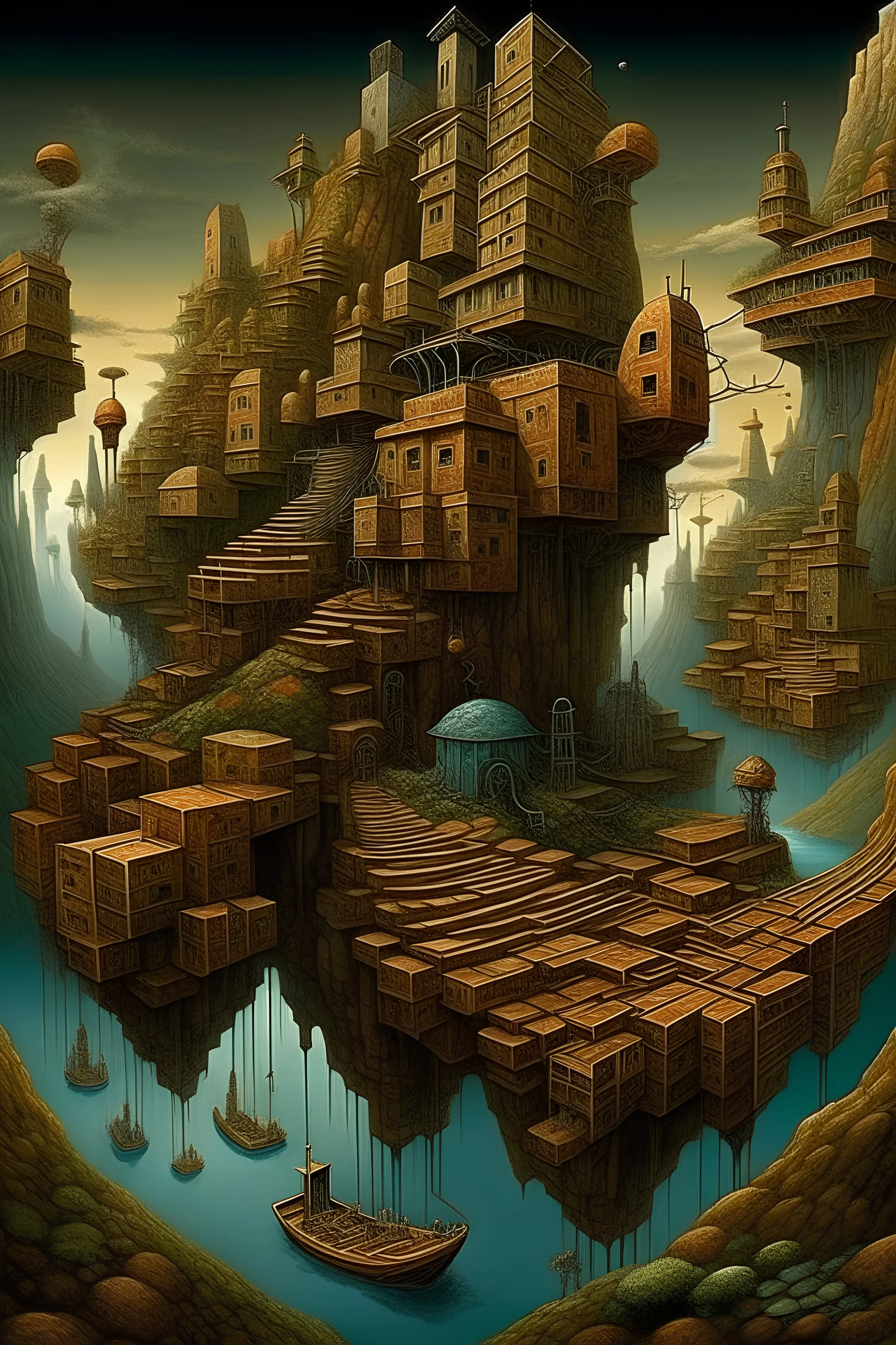 Remedios Var, Jacek Yerka and Gabriel Pacheco, neo surrealism, maze of cubic world cubic slow arts by Sam Szafran, Adrian Donoghue, Alberto Seveso, Anna Dittmann, Arthur Rackham, Giger, centered, highly detailed, whimsical art, painting, fantasy, magical realism, bizarre art, pop surrealism