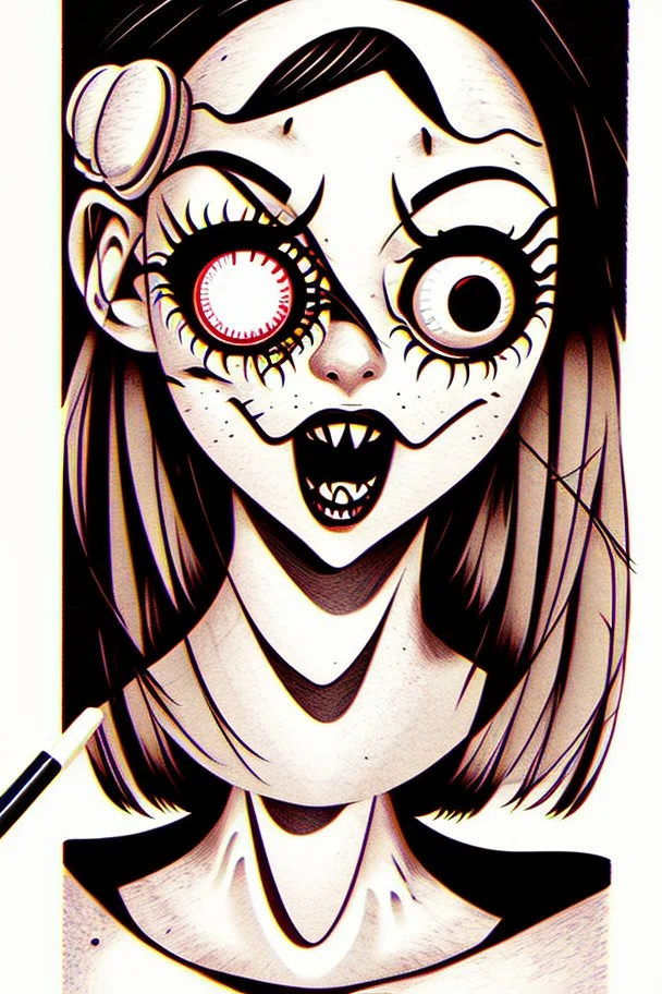 Cartoon bloody eyeball lollipop. illustration, 90s airbrush style, manga inspired, horror art, junji ito , exaggerated