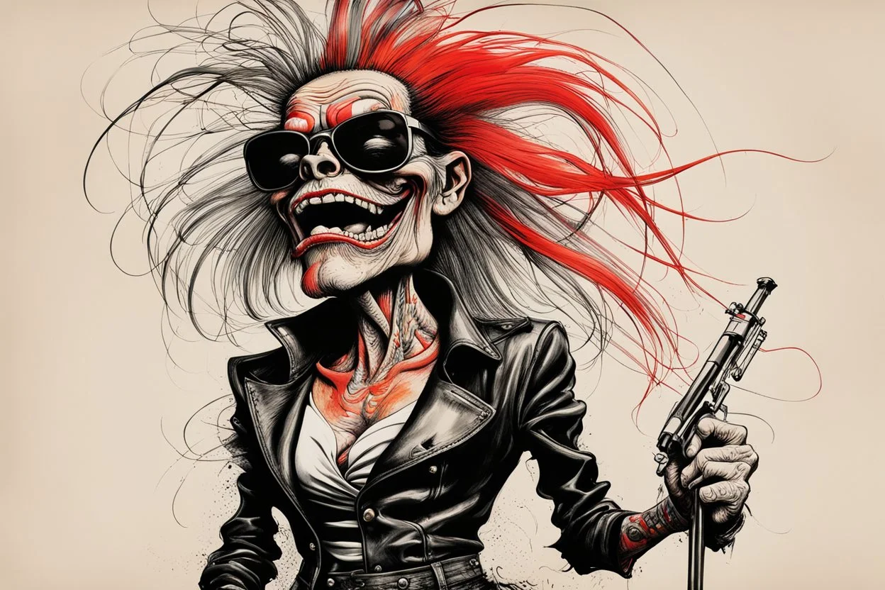 create a full body, stuck up , prissy, female heavy metal singer with highly detailed and refined facial features, raggedly clothed in the caricature cartoon style of Gerald Scarfe and Ralph Steadman, precisely drawn, boldly inked, vividly colored, 4k