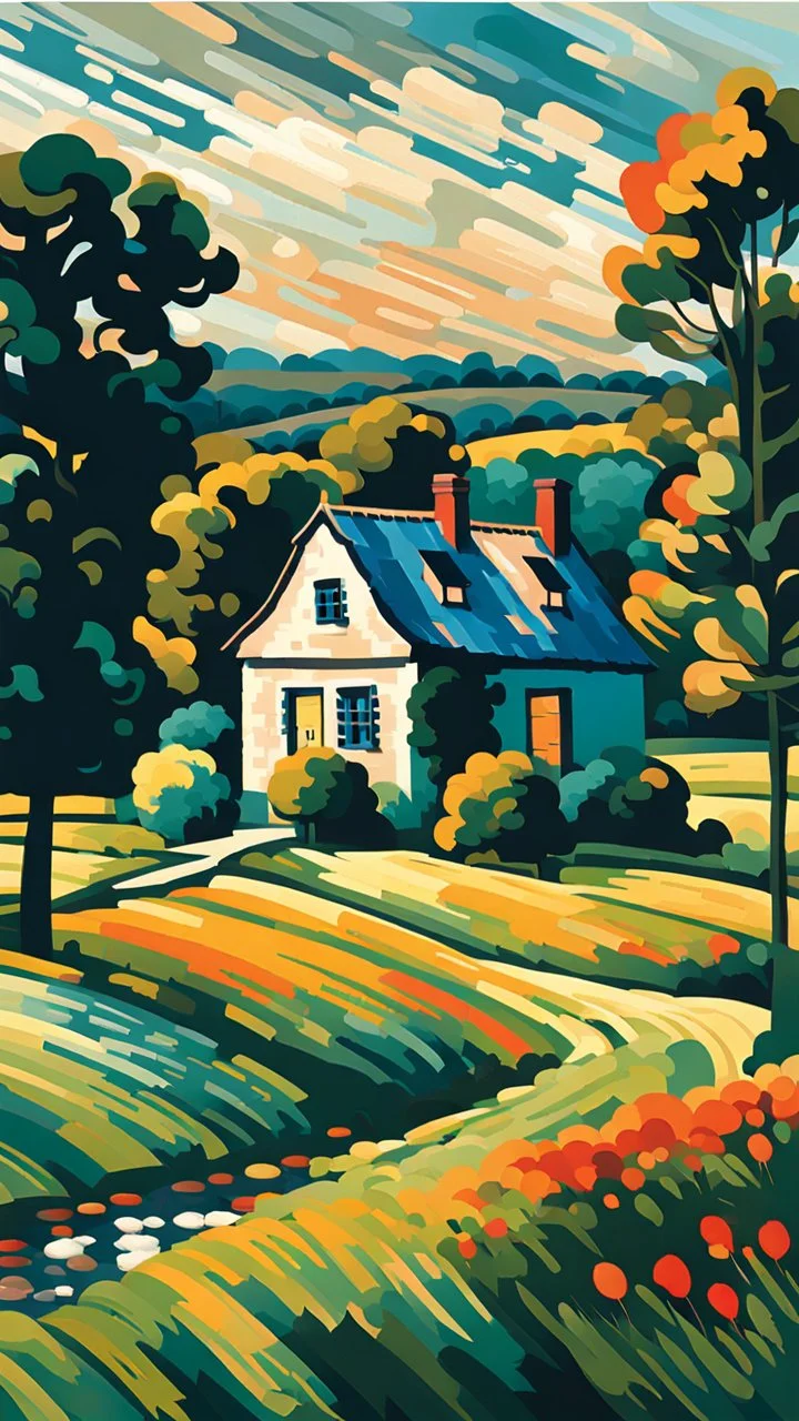 picture of a cottage surrounded by fields and trees in the Post-Impressionist style