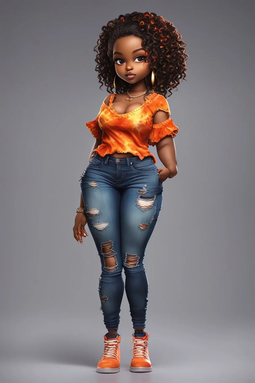 create a colorful digital urban culture art image 8k of a chibi curvy black female wearing torn jeans pants and a orange tie dye off the shoulder blouse. Prominent make up with hazel eyes. Highly detailed long tight curly PONYTAIL