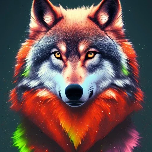 Wolf, red, orange, yellow, green, blue, purple, masterpiece, expert, 8K, hyperrealism, sharp focus, cinematic lighting