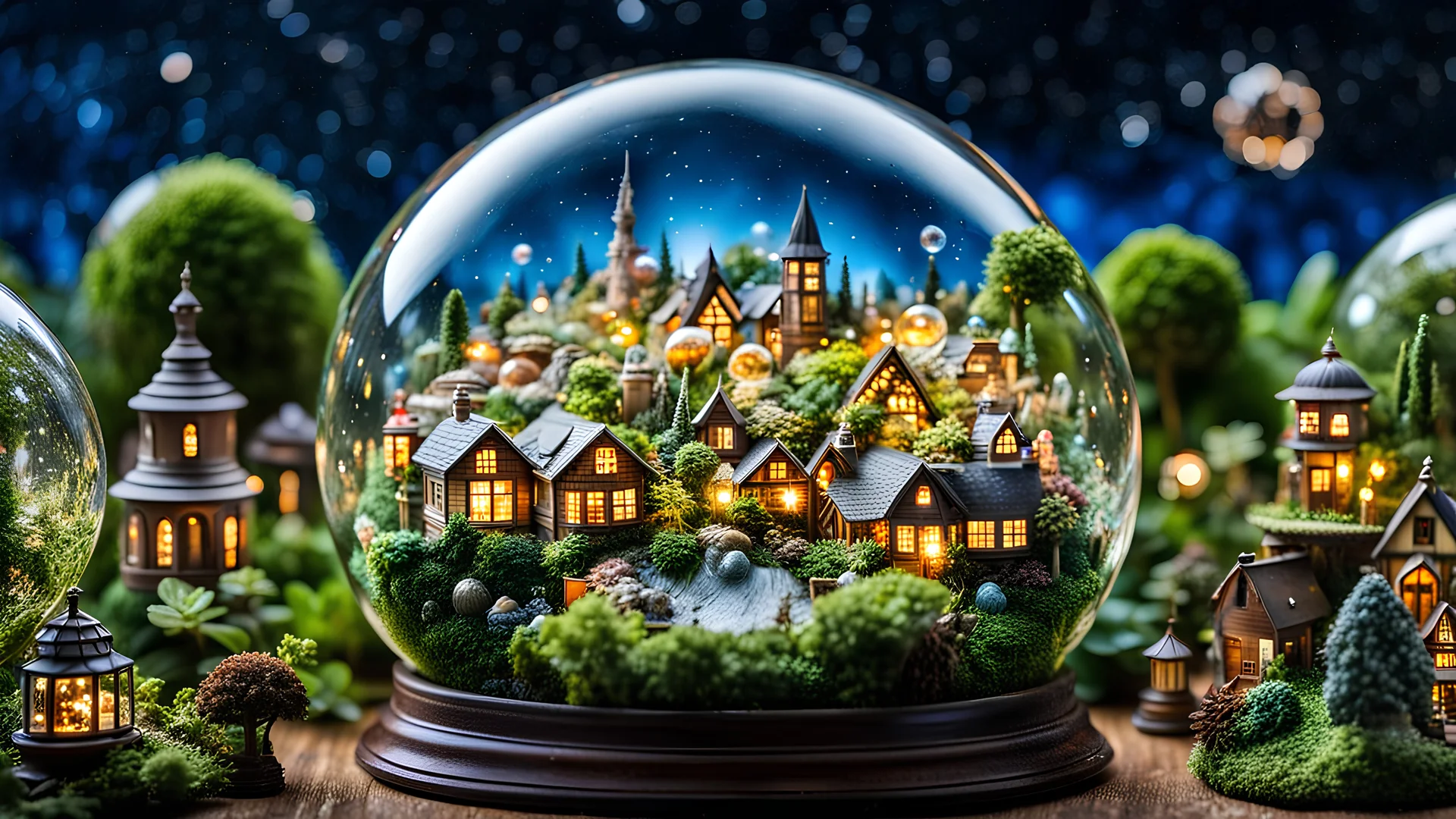 many glass ball with miniature detailed vintage small town in a glass sphere, surrounded by several other glass spheres, in each glass sphere a different city, village, or magical forest, wonderful miniature garden, tiny fantasy figures, miniature buildings in another transparent sphere, in the background the dim big cosmos with stars surrounds everything, beautifully shot, hyperrealistic, sharp focus, 64 megapixels, perfect composition, high contrast, cinematic, atmospheric, moody