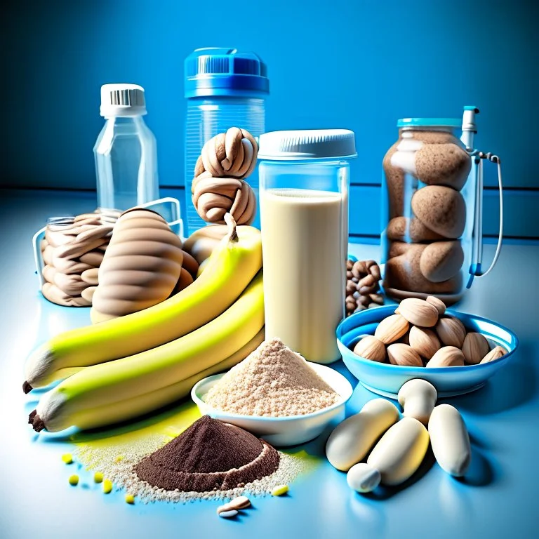 Ingredients for a proteinshake. Eggs, bananas, protein powder, nuts, studio view. Workout items, jump rope, realistic.