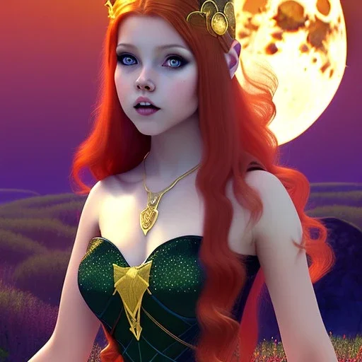 Attractive teenage girl with red hair with golden highlights, who is dressed like a witch casting a spell with a quarterstaff on the moon, magic is in the background, the moon is a solar eclipse, green eyes looking at the moon, background is realistic space, goth girl dress, full body portrait, arm colors gradient effect into stars, rendered, unity 3d, unreal engine, dslr, hdr, 4k, edited, photorealistic, normal number of appendages, freckles, artists rendering