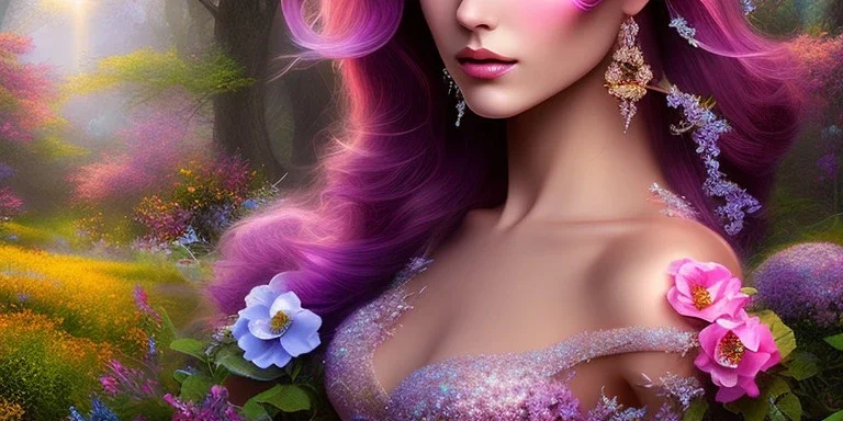 bright fairy, beautiful portrait, flowery landscape