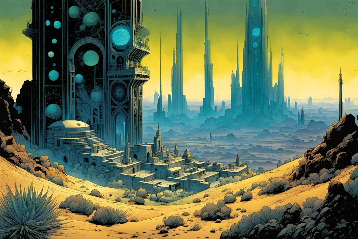 create an ethereal, otherworldly ancient alien city set in a desert landscape populated with plants and lifeforms utilizing sacred geometry, Fibonacci sequence, golden ratio, in the comic book art style of Mike Mignola, Bill Sienkiewicz, and Jean Giraud Moebius, with highly detailed and finely inked , dramatic natural lighting