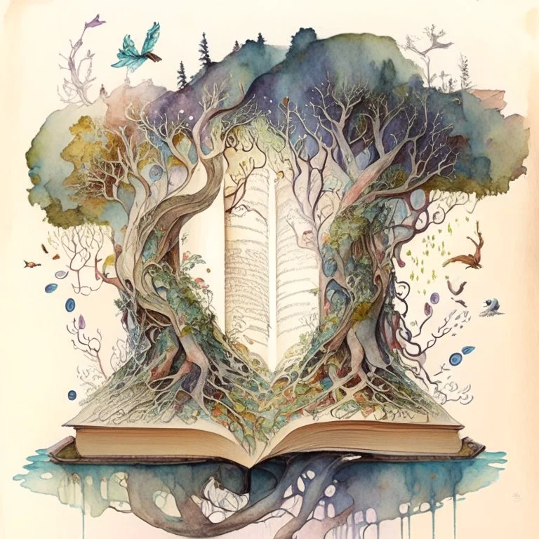 A watercolour painting in which A magnificent, ancient book floats in the air, suspended by intricate vines and roots. The pages of the book transform into a vivid, unfolding landscape, illustrating various scenes from mythology and fairy tales. As the pages turn, characters and creatures from these stories come to life, moving between the pages and interacting with the viewer. This artwork symbolizes the journey of the mind, where imagination can take us to wondrous and immersive places beyond