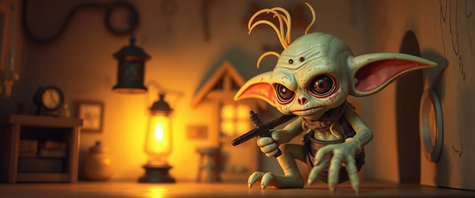 air brush 3d with pen outline,spaghetti western goblin edgy hero, shallow depth of field, warm lantern, pin hole cam in doll house, burnt edges border