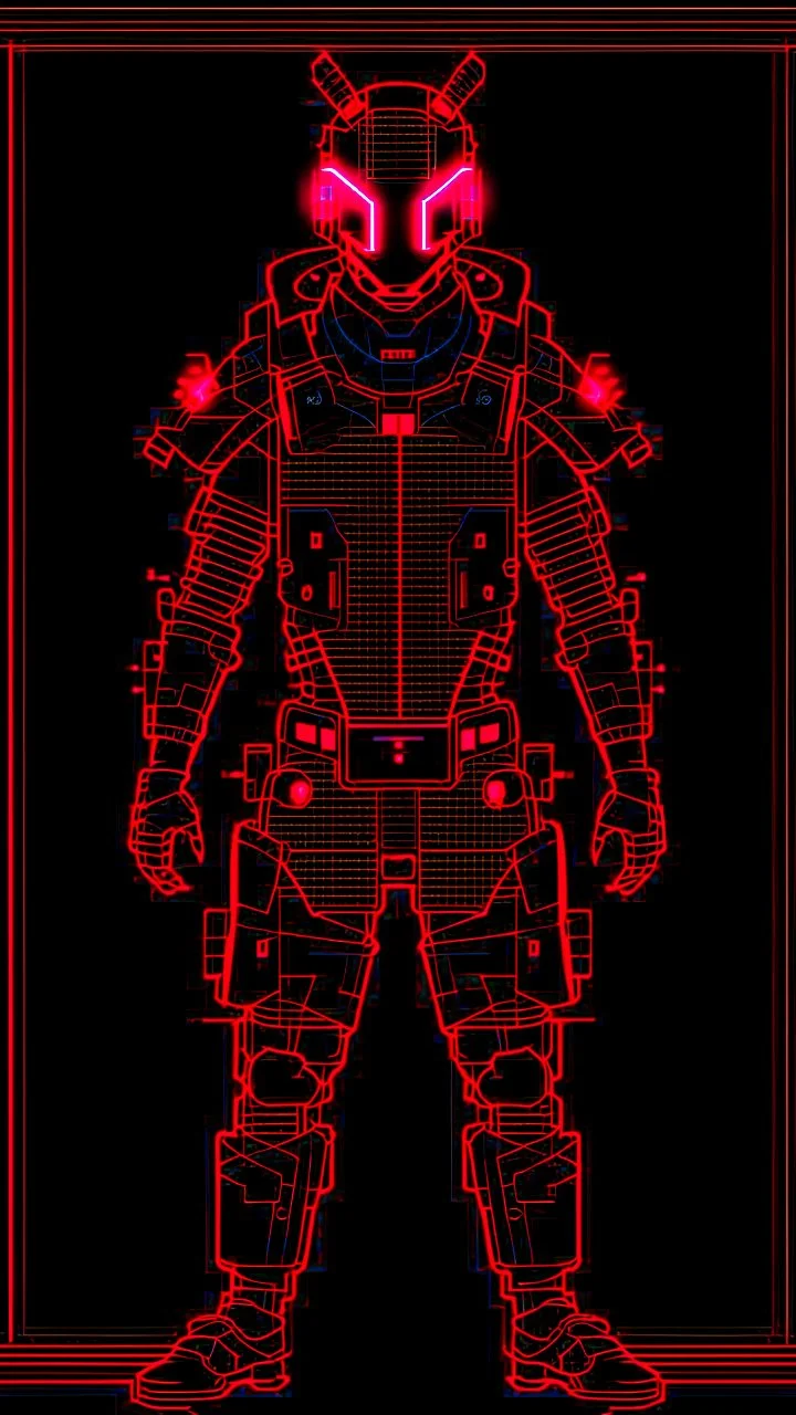 dibujo de contorno de un Samurái negro y rojo con traje cyberpunk full body