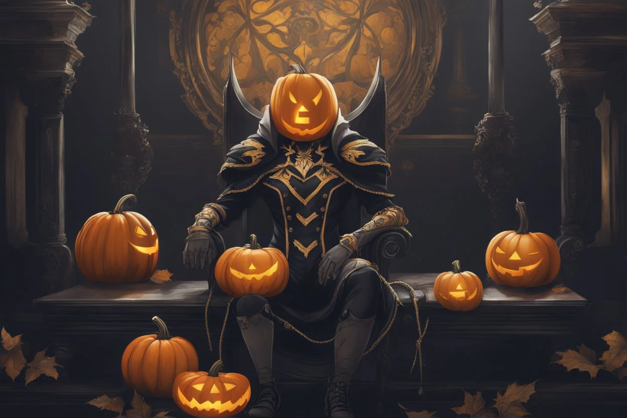 Monarch venom with pumpkin head in nier automata artstyle, halloween them, close picture, fantasy world, intricate details, highly detailed, high details, detailed portrait, masterpiece,ultra detailed, ultra quality