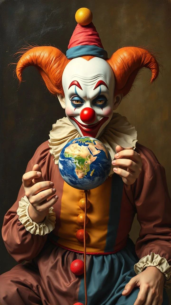 Bosch style painting , A 3D clown holding a yo-yo of planet earth