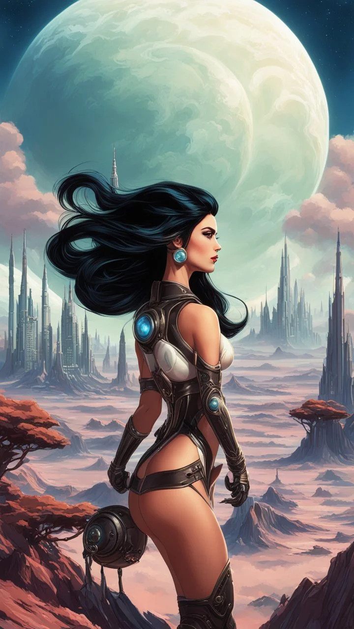 exotic sci-fi pin-up girl, with long dark hair, on an alien planet with cloud trees, tall spires and buildings