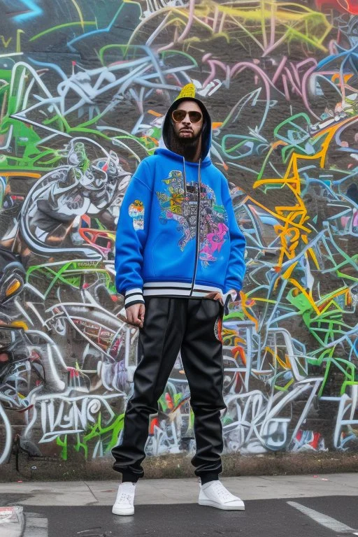 the coolest rapper ever with hoody and trendy clothes. graffiti wall in background are full of nft images and crypto currency symbols