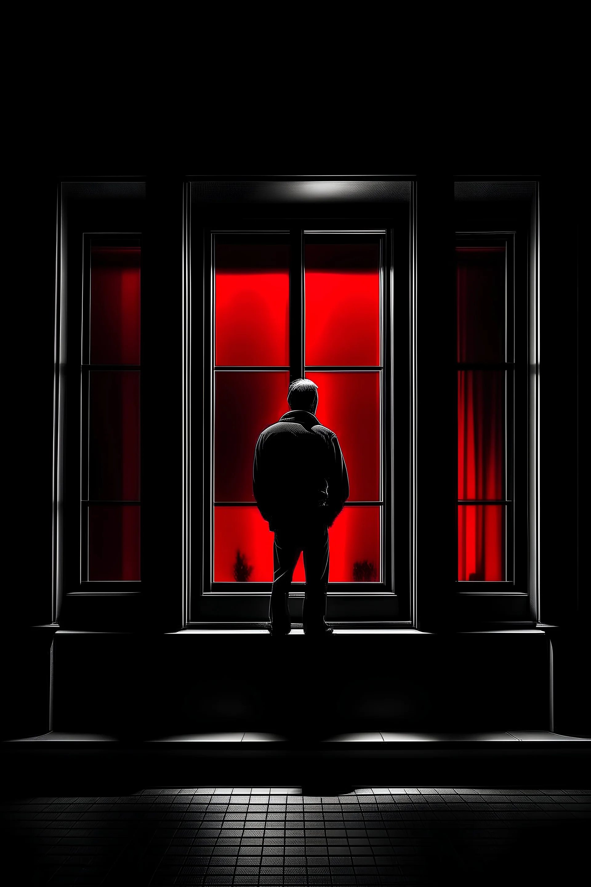 lone man in front of window, black and white, red colour, night