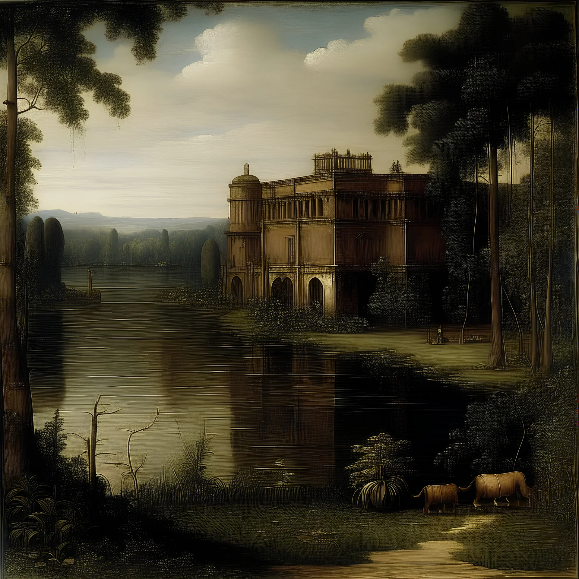 A factory near a lake painted by Leonardo da Vinci