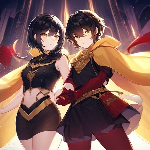 Clear focus,High resolution, Black short fluffy hair, and yellow eyes, wearing a black short skirt, sleeveless crop top, wearing long dark red gloves, yellow cloak, Holding hand out