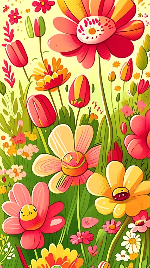 Spring flowers, art, drawing, very illustrative, children book style, detailed, vibrant colors.