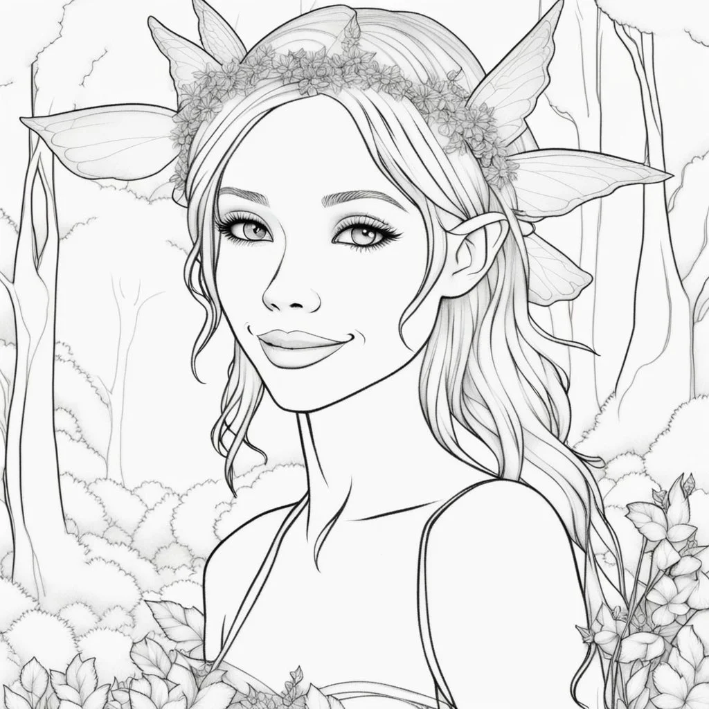 realistic FAIRY, "Moonlit Forest, "adult, face view, cute, smile, beautiful, full view, realistic, coloring page, only draw lines, coloring book, clean line art, –no sketch, color, –ar 3:4, white background, minimalistic black lines, minimal black color, low level black colors, coloring page, avoid thick black colors, thin black line art, avoid colors, perfect shape, perfect clear lines,