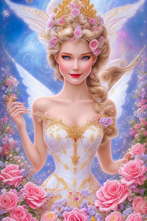 Magnifique woman, lady fairy, facing happy, voluptuous white, pink enchanted flowers, wings magic, long big dress, pink outerspace stars planets, Beautyful smiling, young woman, long hair amazing blue eyes, flowers, happy cosmic, bright colors, blue, pink, gold, jewels, realistic, photo real, clear sunny background, highly detailed, high contrast, 8k high definition, unreal engine 5, extremely sharp detail, light effect, sunny light background