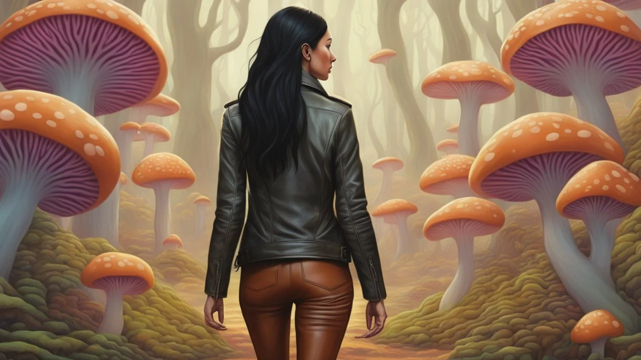 woman with black hair in a ponytail, in light brown leather trousers and jacket, walking through a forest of colourful Alien mushrooms with jellyfish tentacles, photorealistic, Intricate Detail