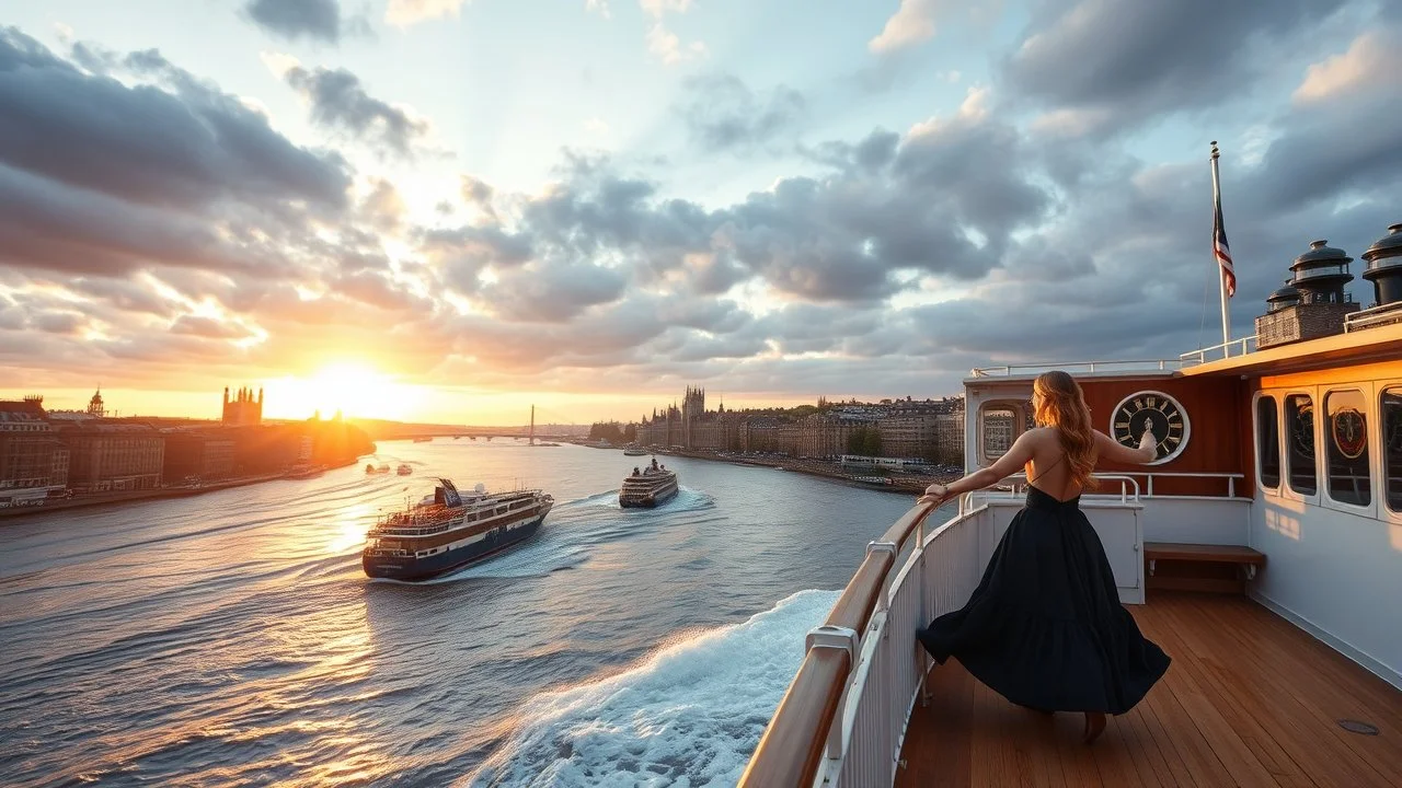 UK oxford street over times river, on wide deck of a big moving ship beautiful lady dancing ,ships in river, cloudy sky,sunset