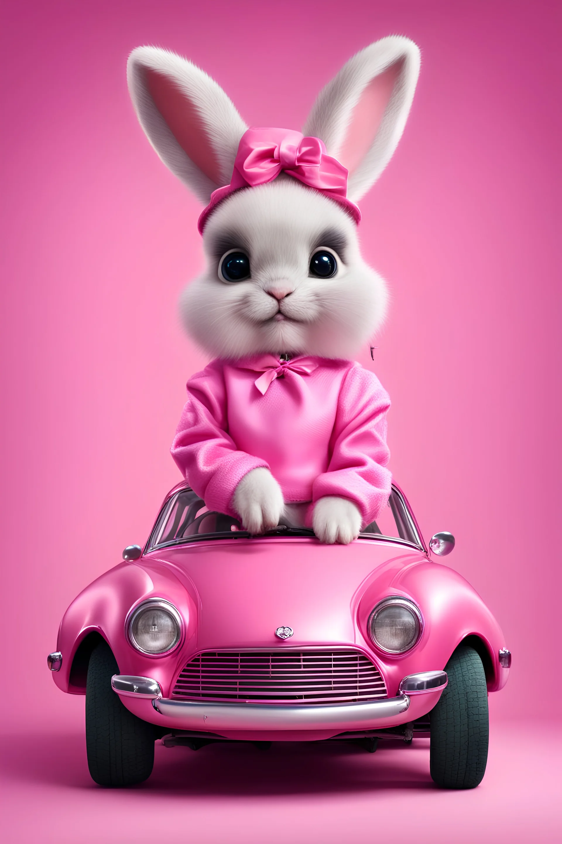 anthropomorphic, hyper-realistic cute and very funny Easter bunny animal wearing a Barbie costume, pink retro car
