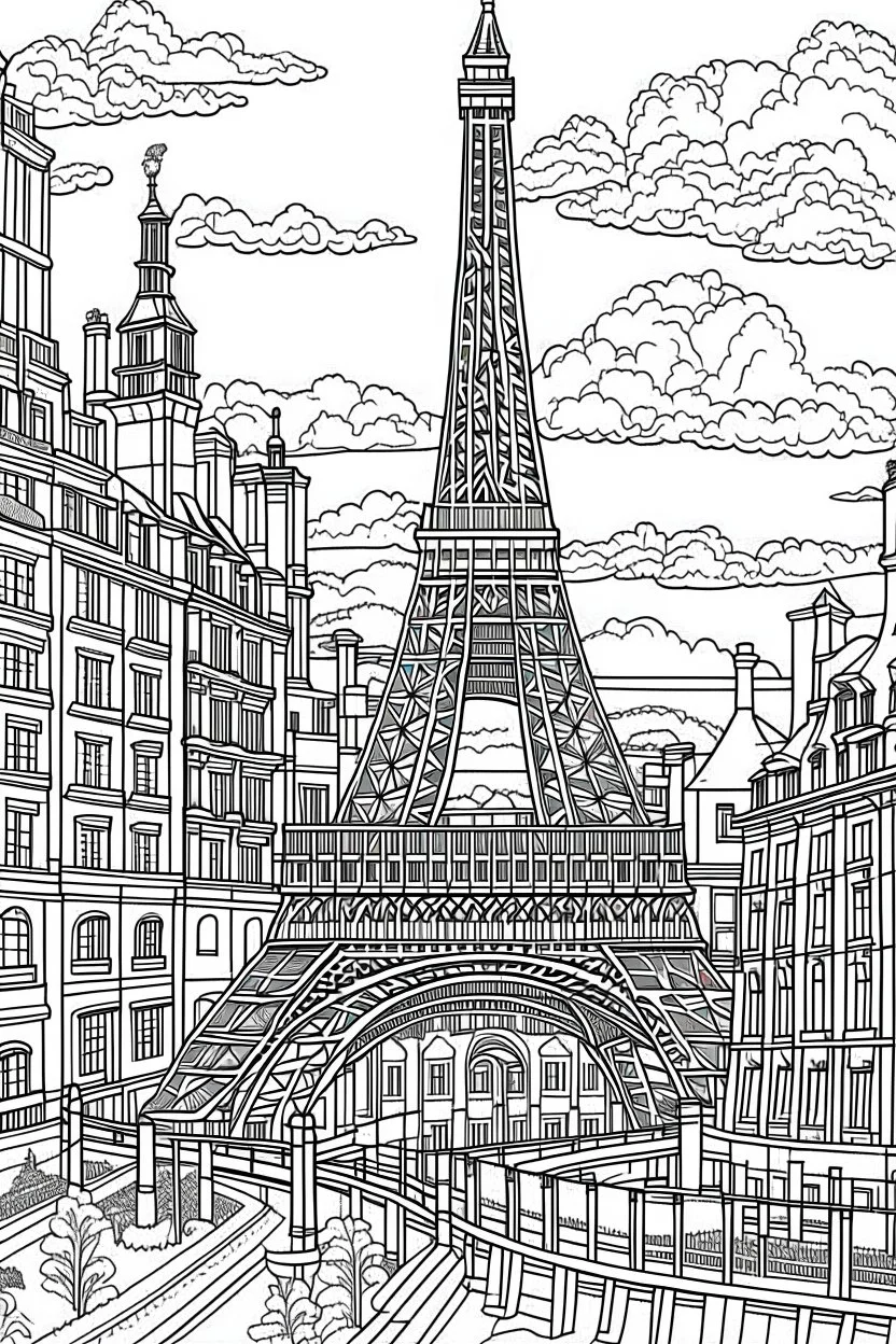 Include illustrations of iconic structures such as the Eiffel Tower,These landmarks are recognized worldwide and offer a sense of grandeur.various architectural landmarks and cityscapes, coloring book page, simple and clean line art, adult drawing book, black and white, crisp black lines, no shades, sharp lines, coloring book for adults, cartoon style, landscape