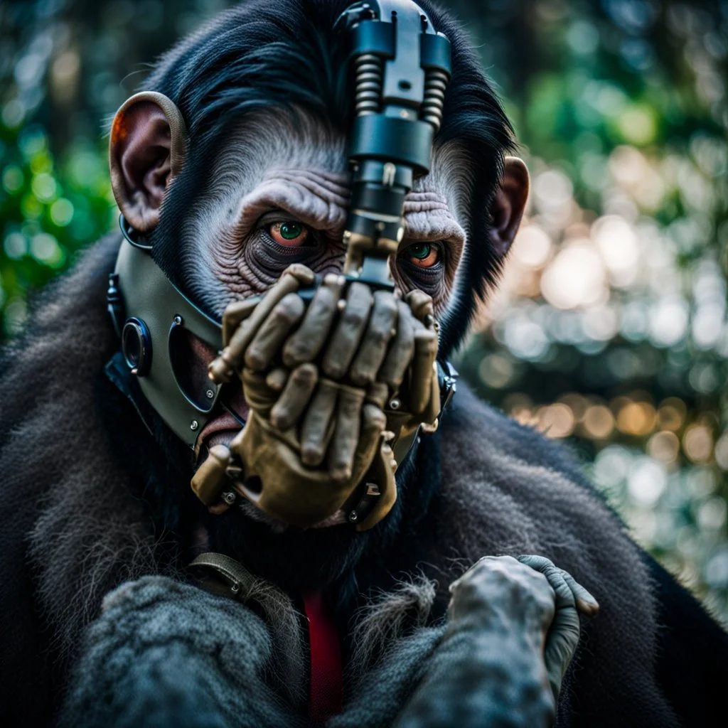 Cyborg, Ape, Primate, hominid, breathing device, respirator, solarpunk, Dystopian, Extreme depth of field, bokeh blur, Alberta, all-natural, in the style of candid, Fuji Film, Anamorphic lens