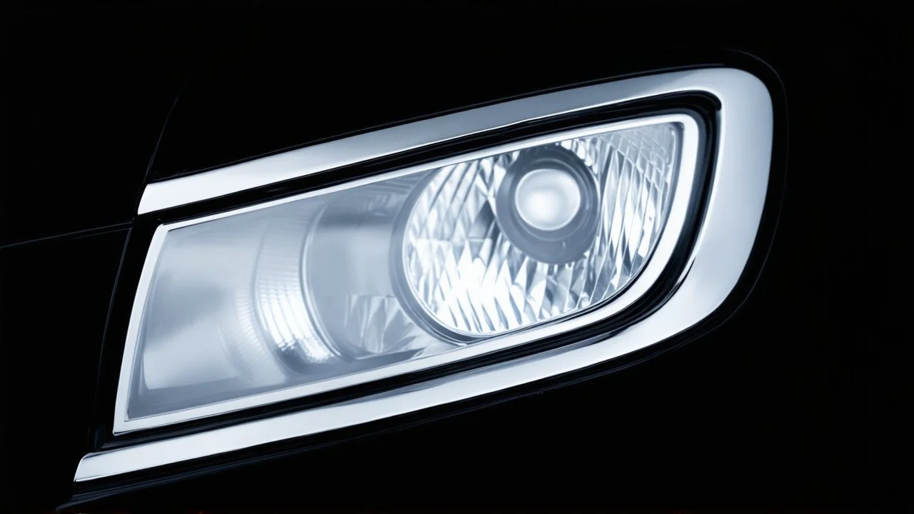 vehicle headlight(with chrome trim) on black background, add details and inner glow