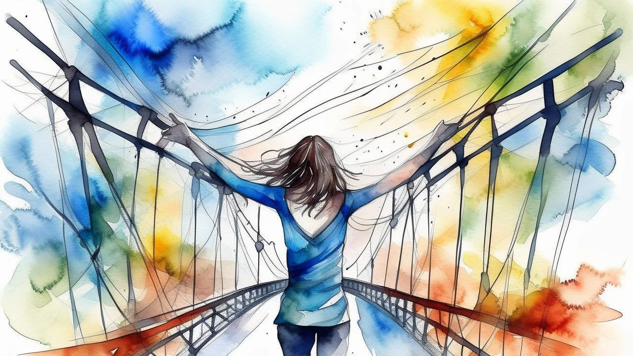Una mujer extiende los brazos y su cuerpo se convierte en un puente colgante que vibra con el viento. Realizado en acuarela dramática con tonos fríos.