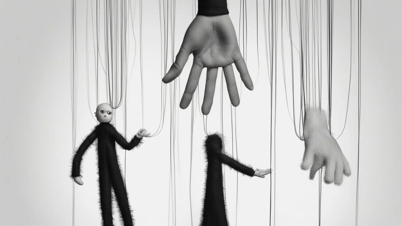 In the picture, a human hand is seen gripping the threads of a puppet. The hand is stark white, while the threads are dark black. The hand holds the threads firmly, suggesting control over the puppet. The puppet stands in the background, completely invisible. Only the black threads extending from the hand to the puppet are visible. This creates a sense of mystery and intrigue. The image is taken from a high angle, creating a dominant effect for the hand. This implies that the hand is powerful