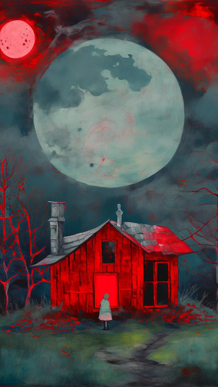 Painterly. Abstract. A cottage with a moss covered roof in a clearing. The moon in the sky covered by clouds ,A willowy androgynous human figure stands clothed in red silk raiments. Anomalous red cloud issuing forth from the heart. Simple yet majestic